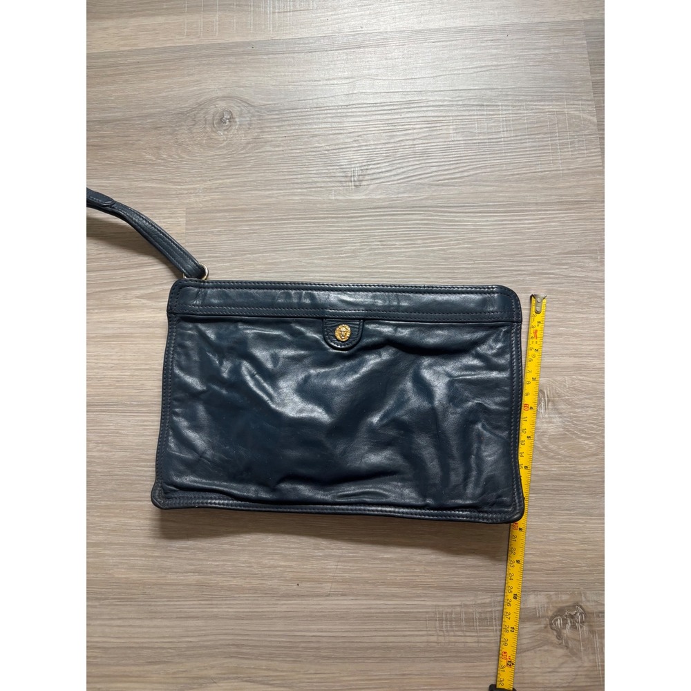 Vintage Navy Blue Leather Wristlet Clutch Bag with Gold Lion Head Medallion